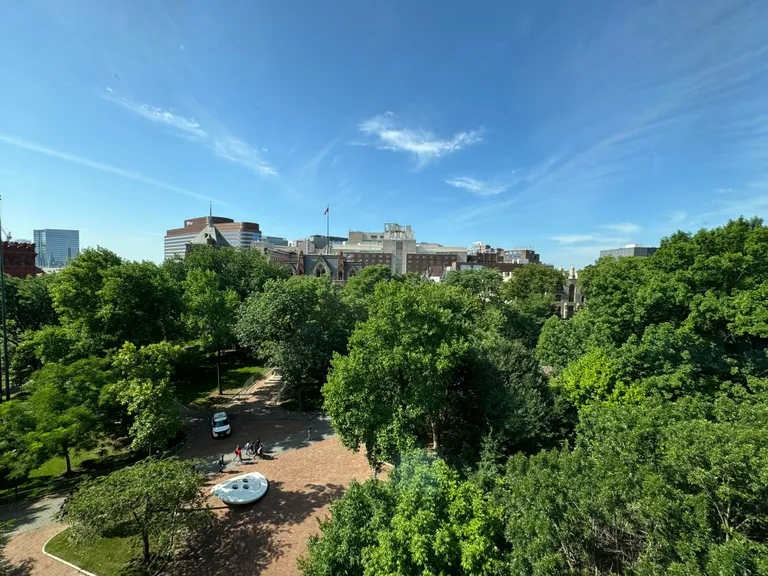 Greenery on the UPenn campus, seen from above, a building in the distance, and the sculpture of a button close by.